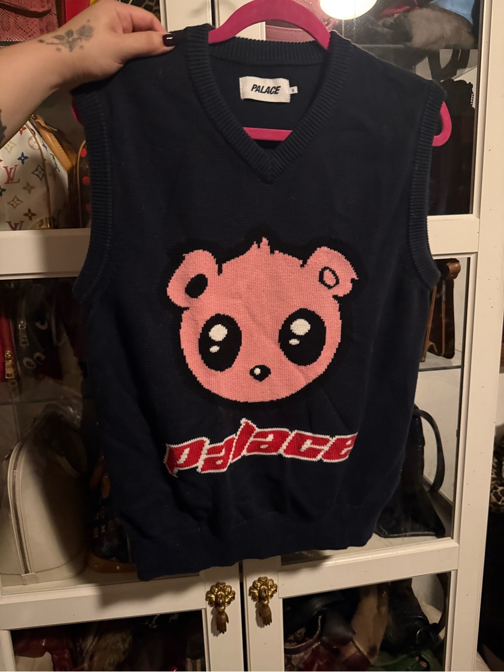 Palace men’s' Navy Knit Vest with Pink Bear Graphic